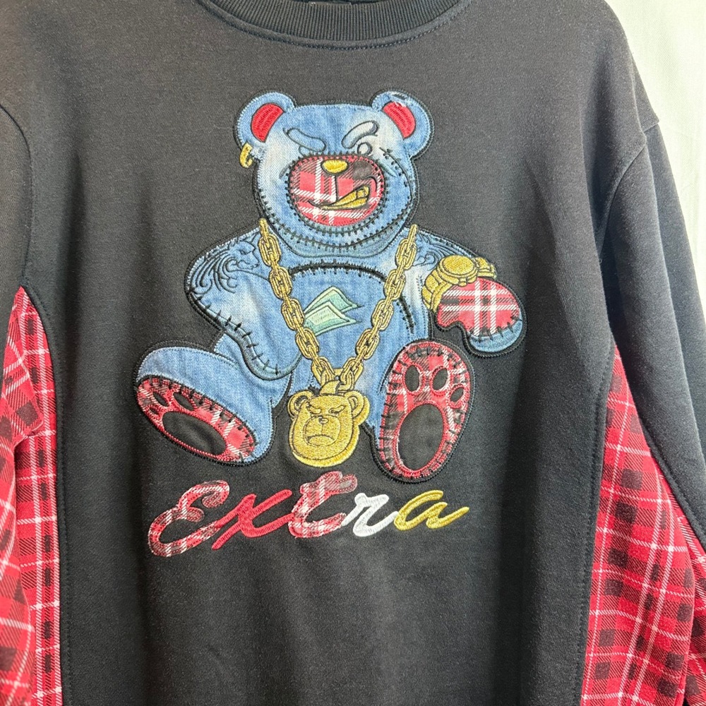 Screenshot Brand Mens Hip Hop Bear "Extra" Sweatshirt Black Plaid Large torn ear